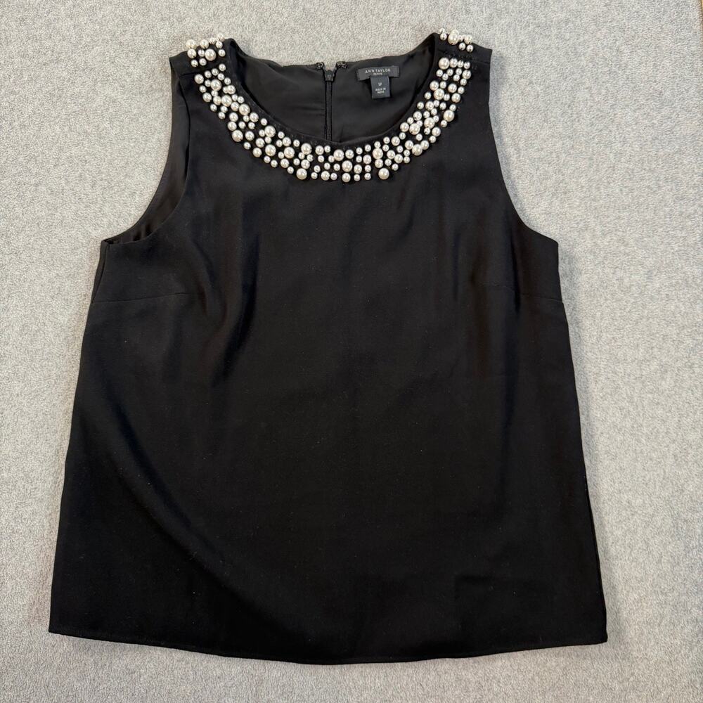 Ann Taylor Petite Small SP Black Sleeveless Top Blouse Pearl Embellished